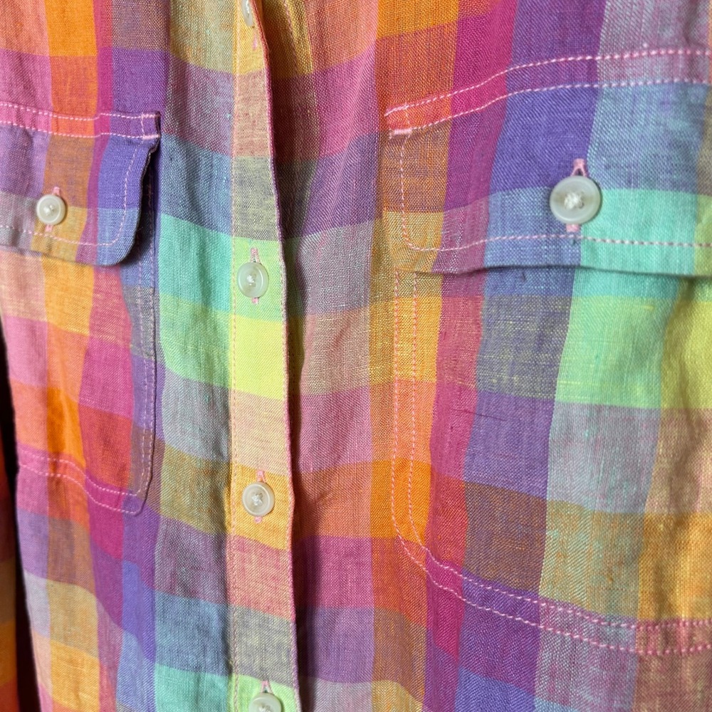 Lands End Linen Shirt Womens 1X Rainbow Madras Plaid Button Down Colorful Preppy - Picture 4 of 11